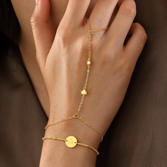 Gold Hand Chain Bracelet with Initial Charms 18K Gold Plated Jewelry for Women - Picture 2 of 5